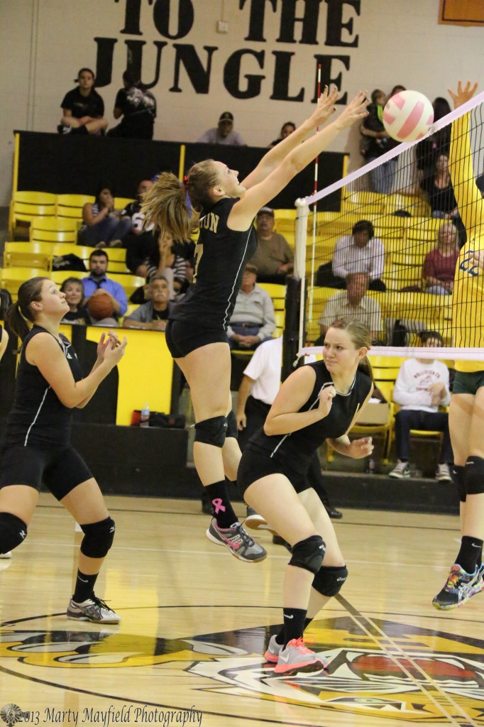 Mikala Vertovec jumps up and over Leah Cimino to hit the ball over the net.
