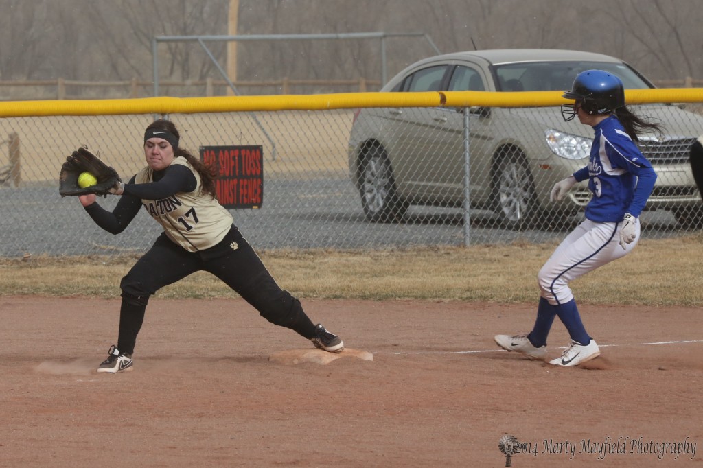 Its going to be close. Rhianna Barela just misses the tag as Christana Gabaldon makes third base Tuesday afternoon.