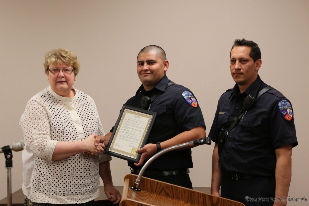 Richard Garcia and David Valdez accepted the proclamation for EMS week May 18-24 from Mayor Sandra Mantz recognizing the work that EMS teams do for the community 24 hours a day seven days a week. 