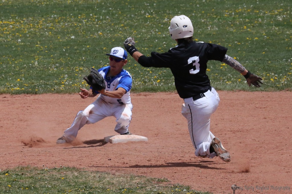 Darrick Stoecker begins his slide into 2nd base as Robert Hernandez has the ball and starts for the tag.