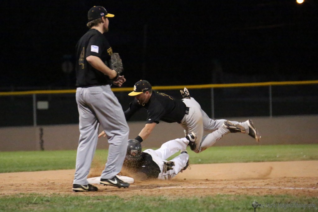 CJ Epperson is tagged out as he gets caught in a pickle situation Wednesday evening at Gabriele Field