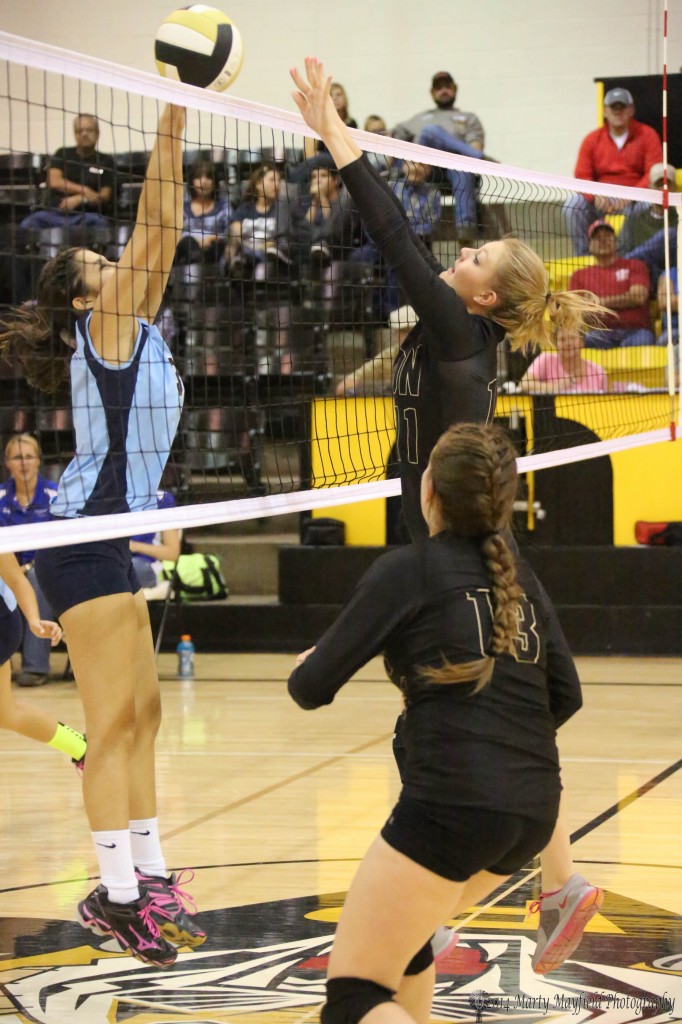 Ivy Fernandez goes up for the block during the JV game against Trinidad Tuesday evening 