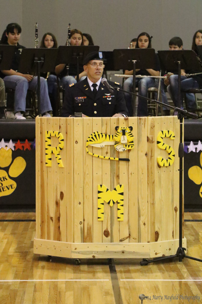 Judge Warren Walton, Captain, U.S. Army Retired gave the Keynote address at the Raton Middle School Veteran's Assembly.