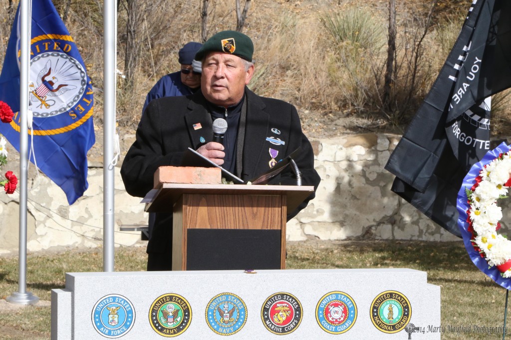 Ron Chavez, Sergeant, U.S. Army Special Forces, Retired, spoke to a large crowd at the dedication of the new Veterans Park Tuesday (11-10-14) 