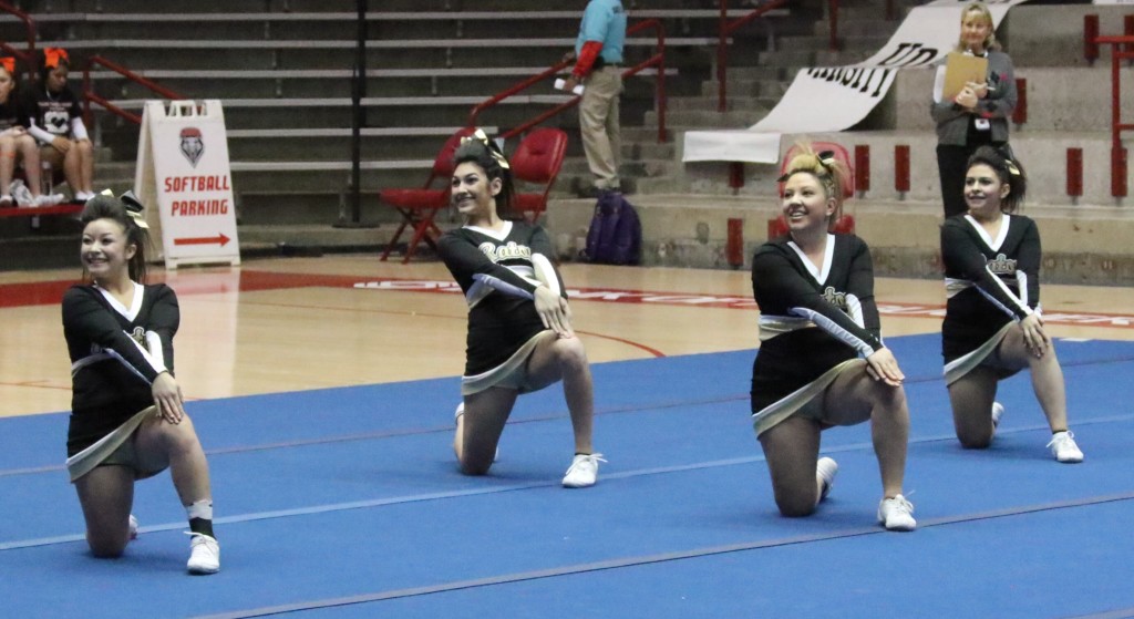 Led by senior Cheyanne Duran(third from left) who performed her last cheer routine of her RHS career Saturday is Brianna Marquez, Mia Maestas and Rachael Mestas