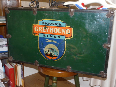 June's favorite item is Harold Harris' trunk (circa 1930s), labeled with the Pickwick-Greyhound logo.