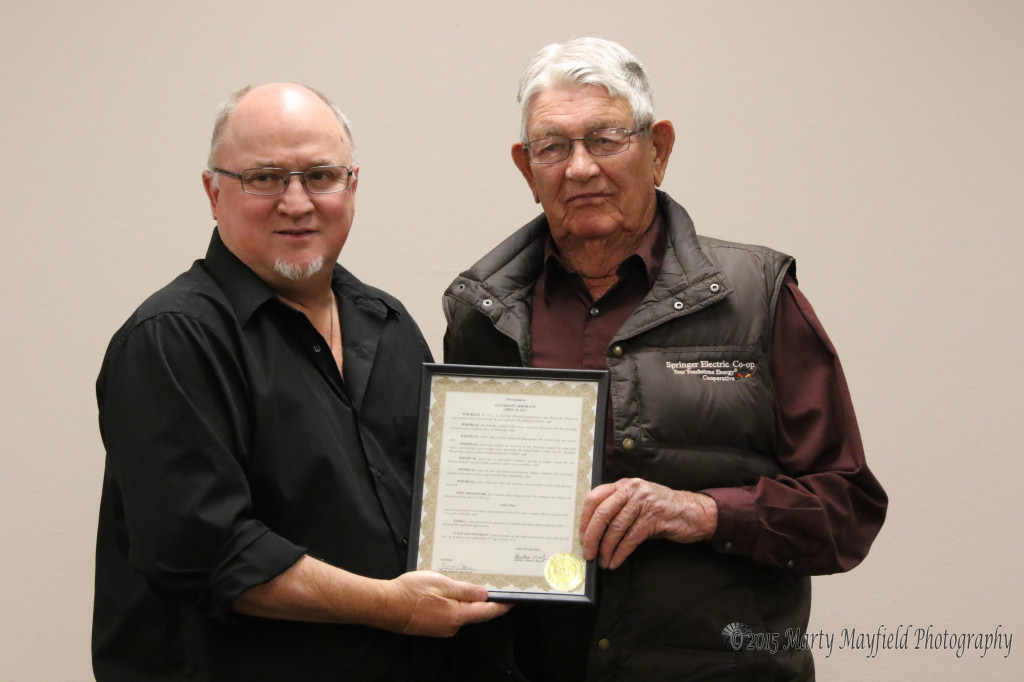 Jerry Seward accepts the Proclamation from Mayor Pro-Tem Neal Segotta for Arbor Day April 24, 2015. This is in observance of a day set aside to plant trees to help reduce erosion of the precious topsoil by wind and water. 