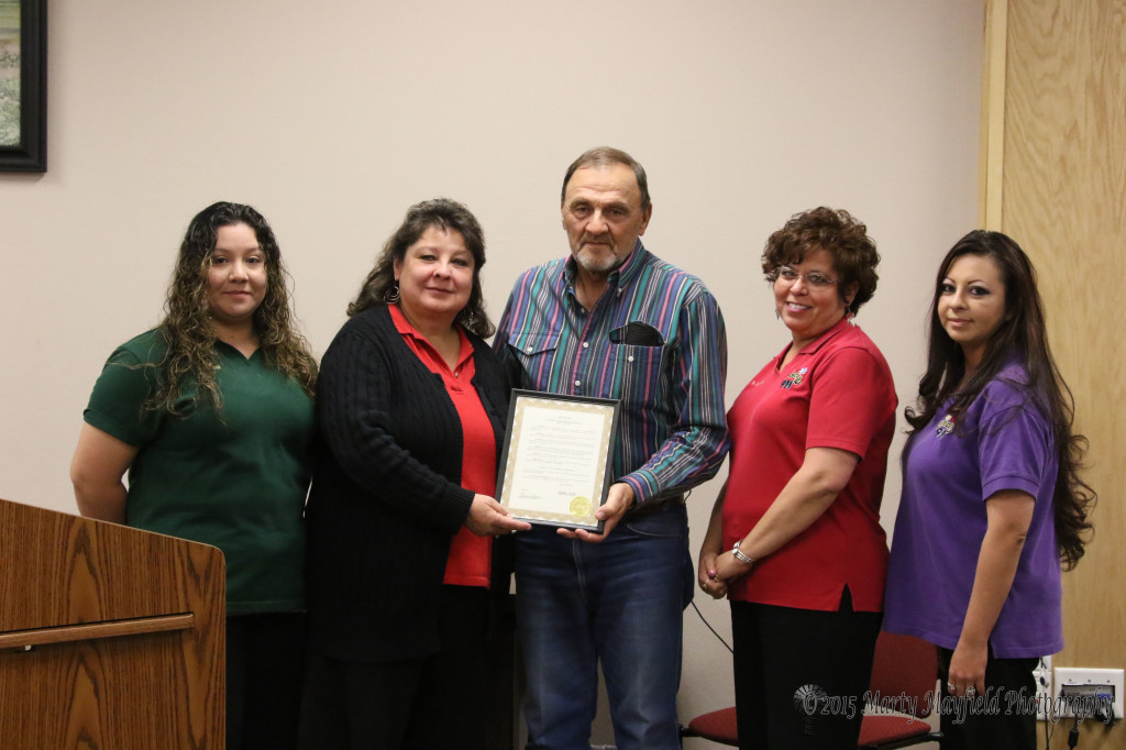 Stevie Salazar, Carol Baca, Valerie Mojica, and Apryl Lopez accept the National Tele-Communications Week proclamation honoring the services that our 911 dispatchers provide by dispatching emergency medical services fire and police. 