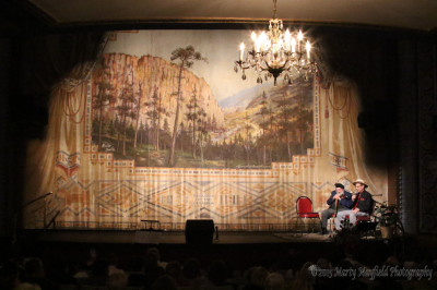 One of the original curtains at the Shuler. The picture of nearby Palisades of the Cimarron, the curtain was made of 4x25 foot canvas panels and painted with water colors!