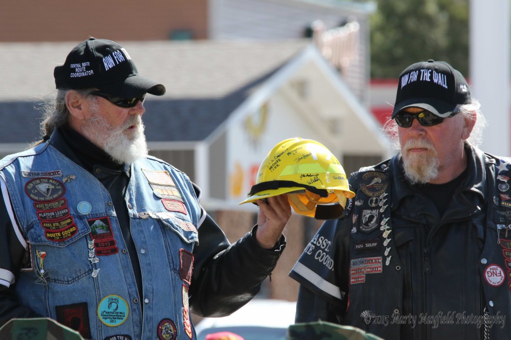 This signed hard hat was to be presented to Master Sergeant Leroy Petree, Medal of Honor Recipient from the Colfax County District Eight Volunteer Fire Department, Petree's tricycle however broke down and he was unable to make the trip up.
