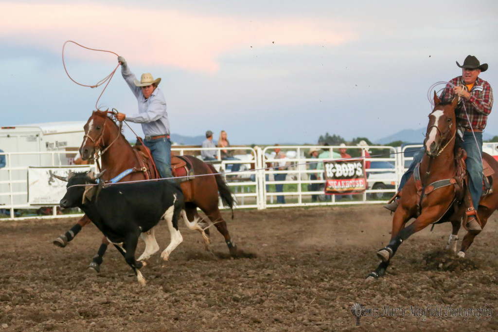 the father son team of Wade and Kyon Kreutzer post an 8.8 second team effort in the team roping Friday evening