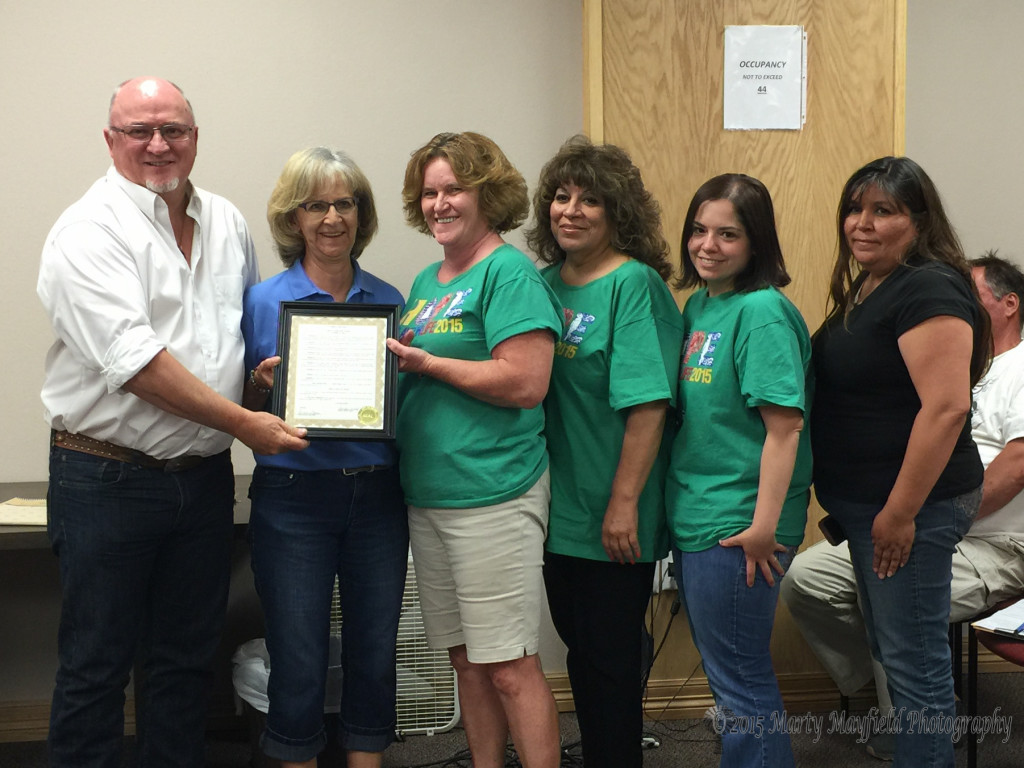 Relay for Life members, Mercy Swanson, Jami Esquibel, Freda Baca, Vanna Tapia and Alderette accepted the proclamation from Mayor ProTem Neal Segotta noting the funding raised and progress made in the fight against cancer from the Relay for Life events.