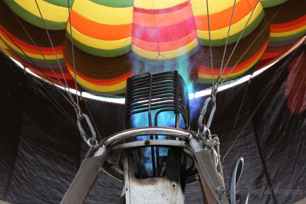 The burner fires and sends heat into the envelope on the balloon "Angel of the Morning"