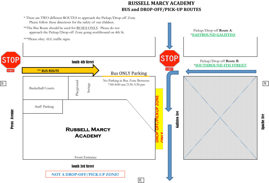 This is the School bus pickup and drop off routes around the Russell Marcy Academy for the 2015-2016 School year.