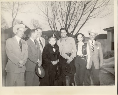 At the TO Ranch, left to right: Odell Thomson, Charles Gilmore (Denver, CO), Tom Murphy, Minnie Pym, Steve Cochran, Dorothy Hart, Alex Thomson (Denver, CO) Minnie Pym was the daughter of Tony Meloche, founder of the TO Ranch. The Thomson Family owned the TO Ranch in 1951.