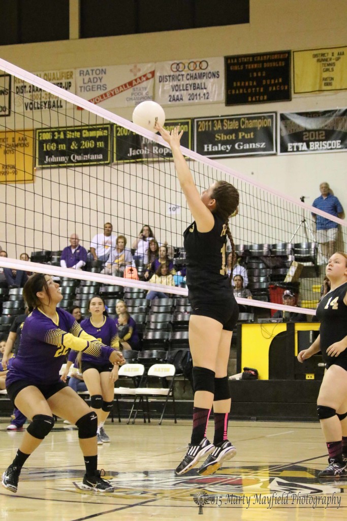Halle Medina goes for the block in the JV match with Tucumcari Saturday evening in Tiger gym