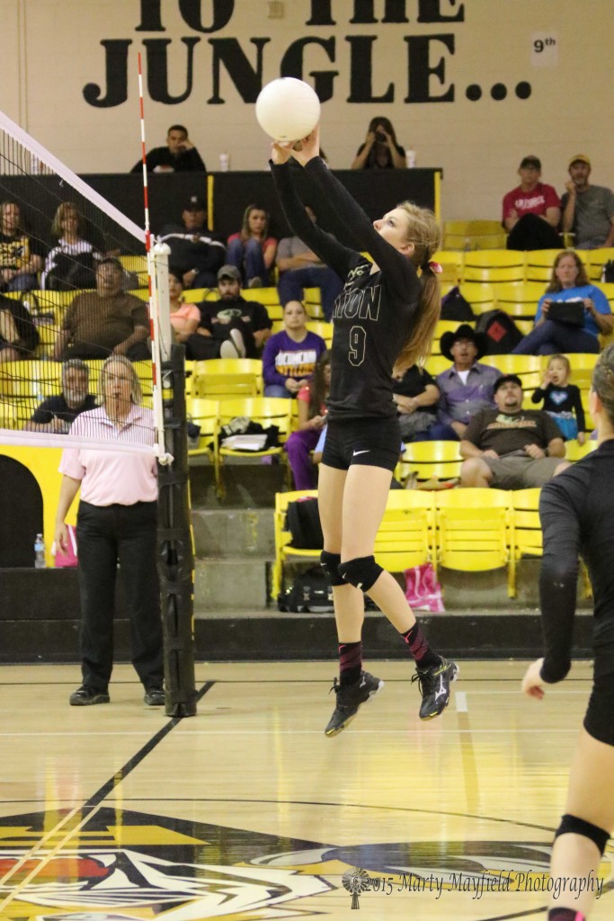 Alina Pillmore goes up to send the ball over the net Saturday evening against Tucumcari