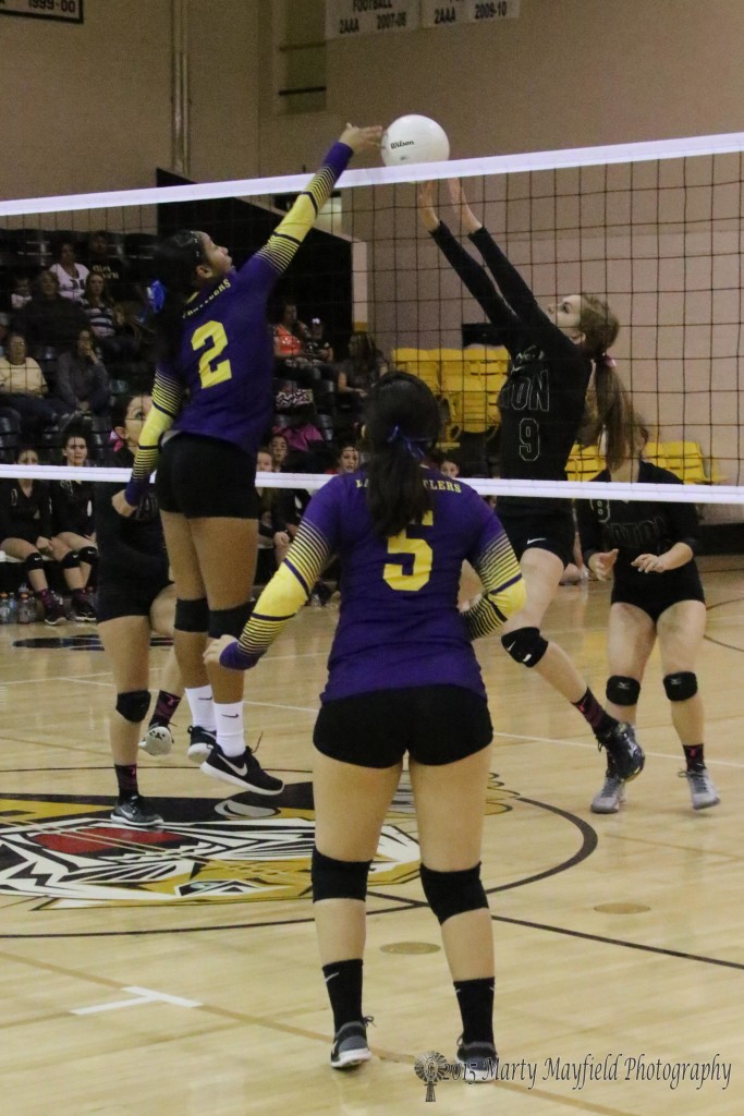 Alina Fillmore goes for the block as Salani French tips it over the net Saturday evening in Tiger Gym