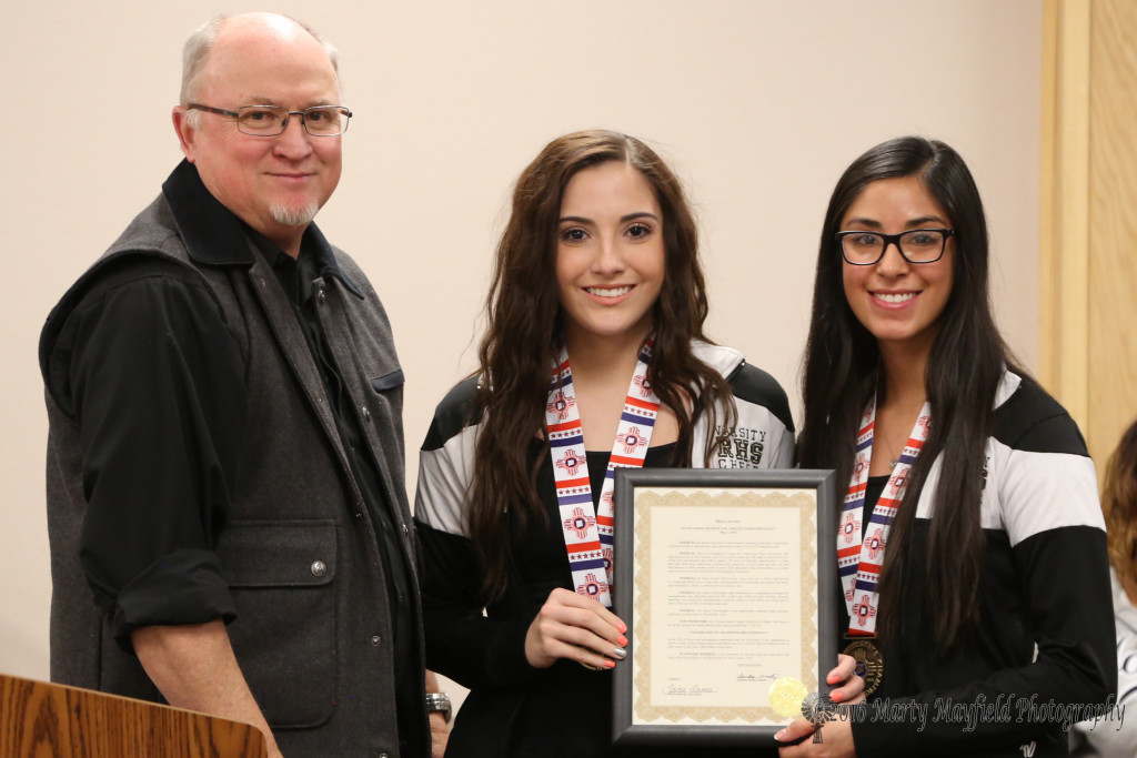 RHS Cheer Seniors Alyssa Aragon and Nayelli Acosta accepted the proclamation from Mayor Pro-Tem Neil Segotta for their Championship win at the State Spirit competition earlier in April. 