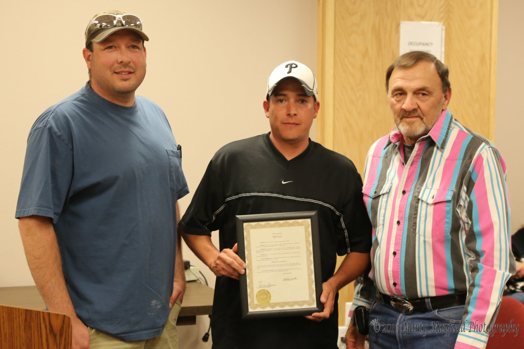 Corey Gomez and Anthony Bustos accepted the Proclamation for Drinking Water Week from Commissioner Don Giacomo Tuesday evening during the Raton City Commission meeting. 