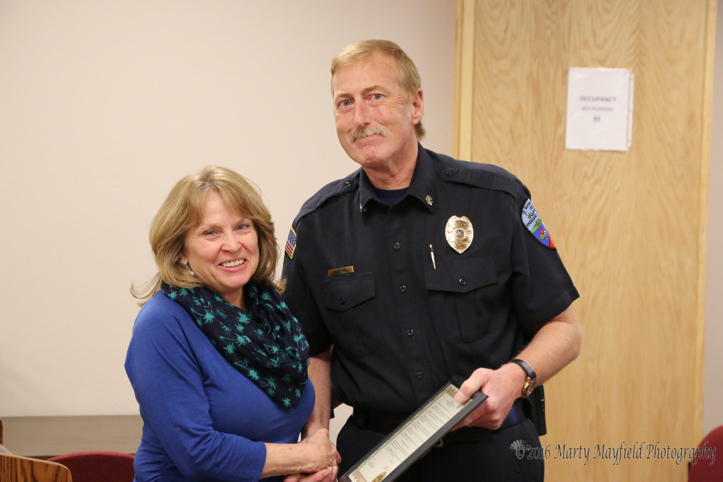 Fire Chief Jim Matthews accepted the Proclamation for EMS week from City Commissioner Lindé Schuster Tuesday evening