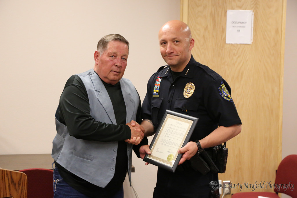 Raton Police Chief John Garcia accepted the proclamation for Police Week from City Commissioner Ron Chavez 