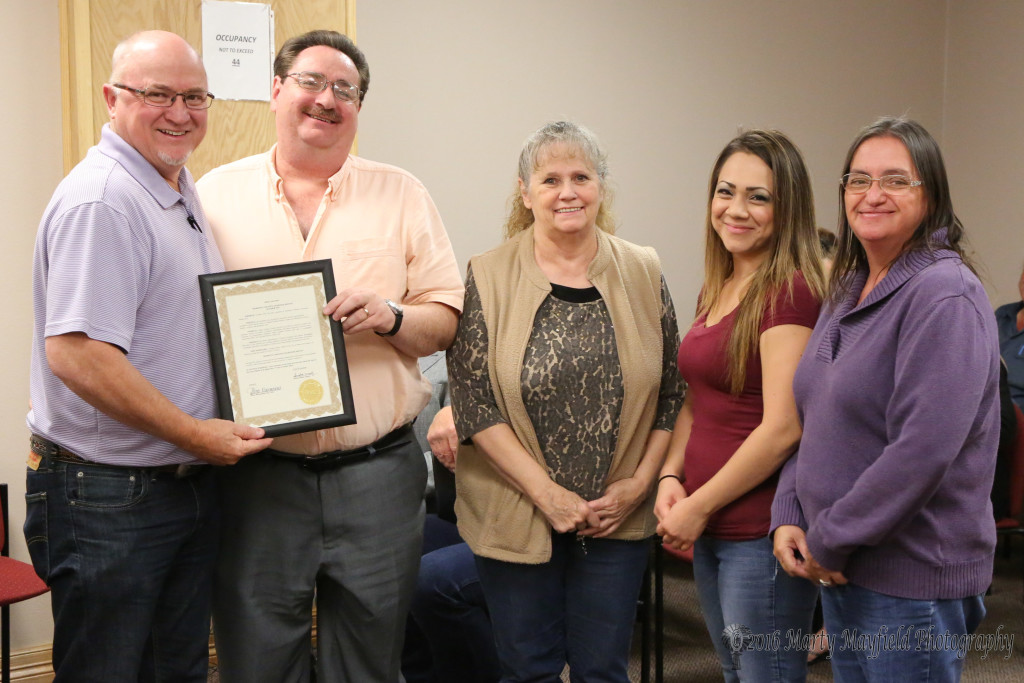 Lee Phillips, Janis Stuart, Victoria Gonzales, and Tina Lever accepted the proclamation for Domestic Violence Awareness Month from Mayor Pro-Tem Neal Segotta. 