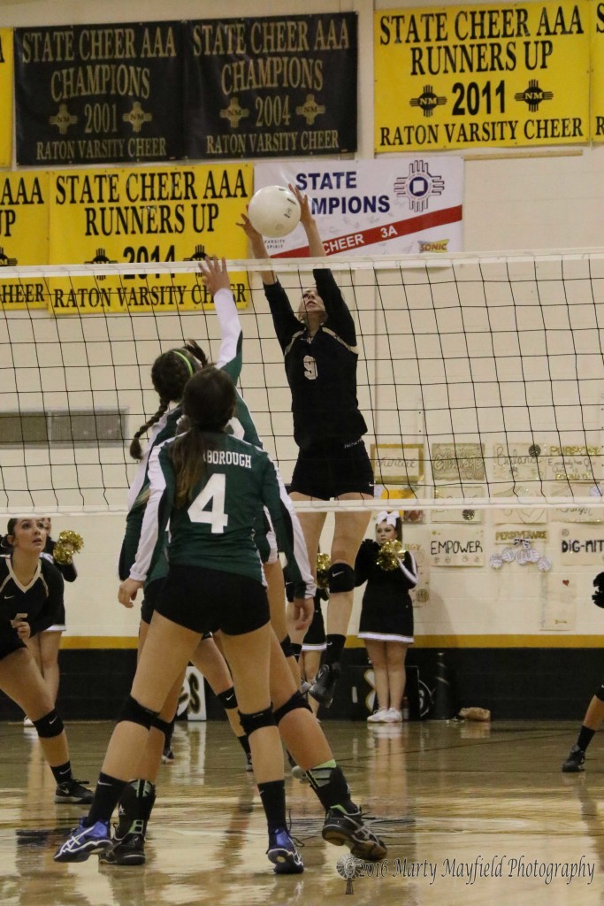 Alina Pilmore gets the block for Raton during the District Championship match in tiger Gym Friday evening.
