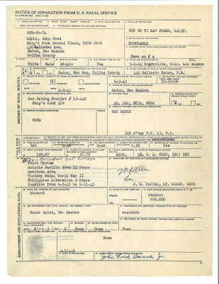 Discharge papers for John F. Bacca