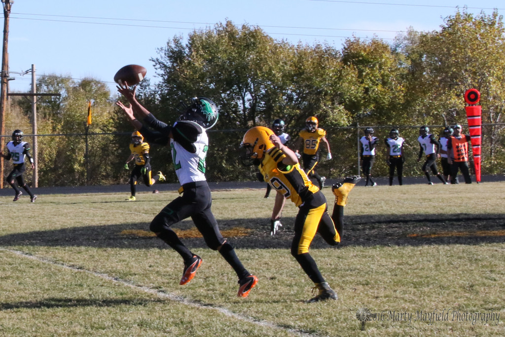 Deondre Begay just misses this pass late in the game with raton in the first round of state football playoffs. 