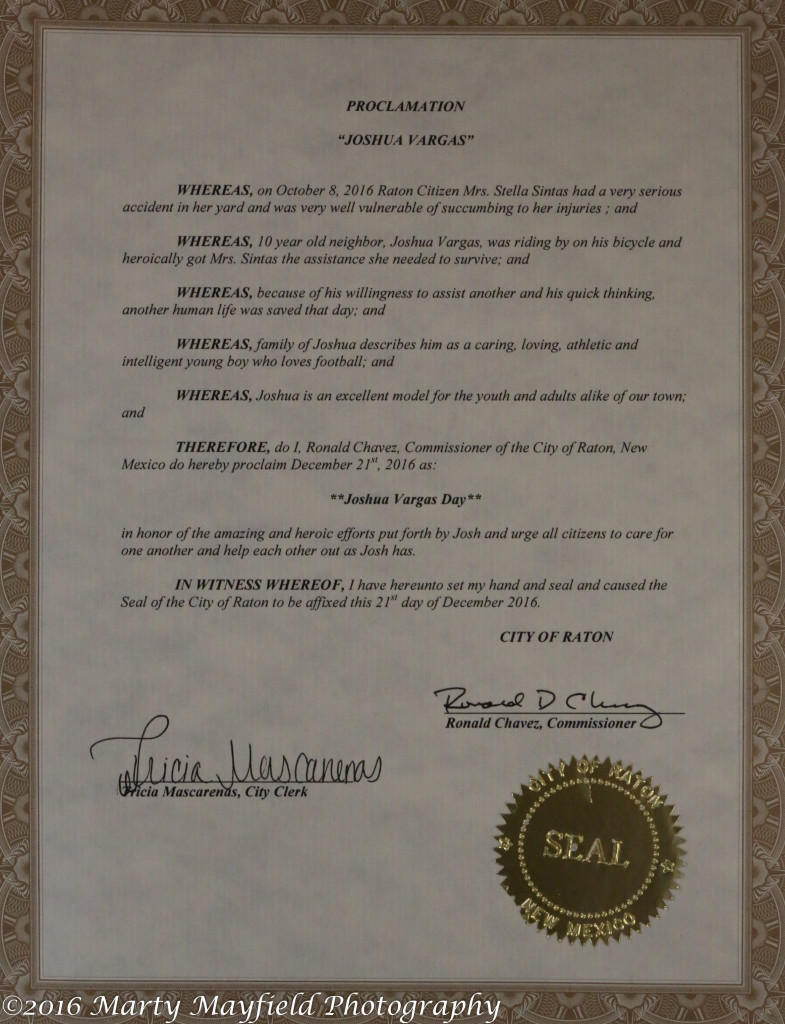 The proclamation proclaiming Joshua Vargas Day in Raton 