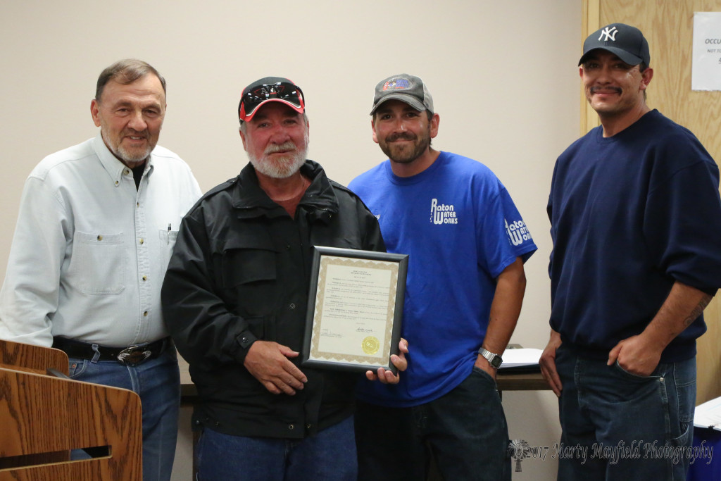 Commissioner Don Giacomo presented the Proclamation for Drinking Water week to Dennis Fernandez, Jimmy Mascarenas and Auggie Trujillo from the Raton Water Works. 