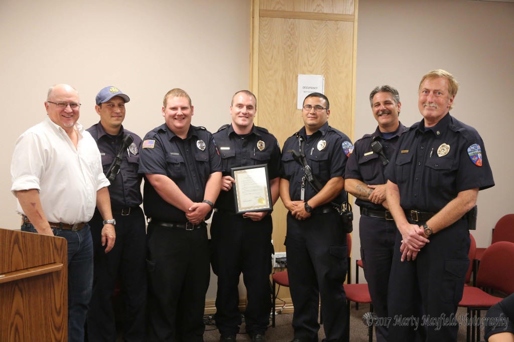 David Valdez, Doug Frederickson, Jacob Butt, Joseph Herrera, Robert Calabro and Chief Jim Matthews accept the Proclamation for the fireworks display from Mayor Pro-Tem Neal Segotta