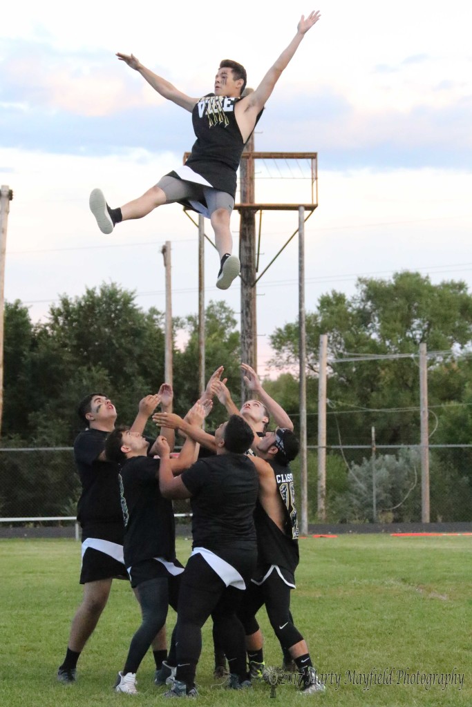 Its a high flying act as the Sr boys performed cheerleading duties at halftime during the powder puff ball game Wednesday evening. 