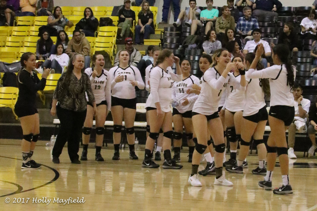 The Lady Tigers celebrate the point, but it didn't last long as the Lady Wildcats pull away for the win in game four the District Championship match in Tiger Gym Friday night. 
