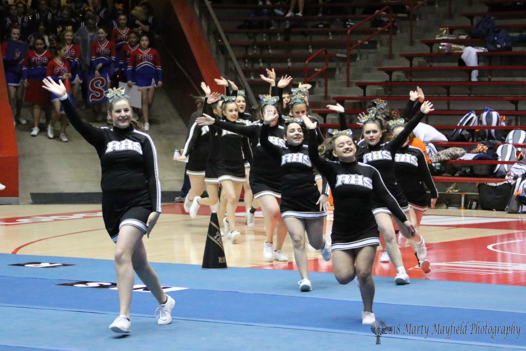 RHS Cheer takes the floor Saturday morning to perform their routine at the State Spirit competition in The Pit