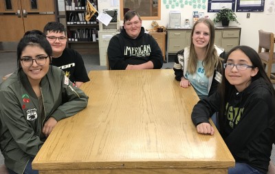 (L to R):  Academic--Stacie Patterson, Service--Tyler Neurauter, Most Improved--Jody Feldman, 8th grade--Brooklyn Lawrence, and 7th grade--Leonor Hernandez.  