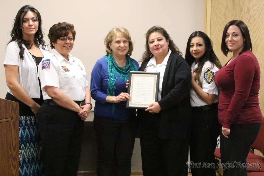 Mayor Pro-Team Lindè Schuster presented the proclamation for Tele communicators Week to Rebecca Mares, Valerie Mojica, Carol Baca, Apryll Lopez, and Alberta Vigil