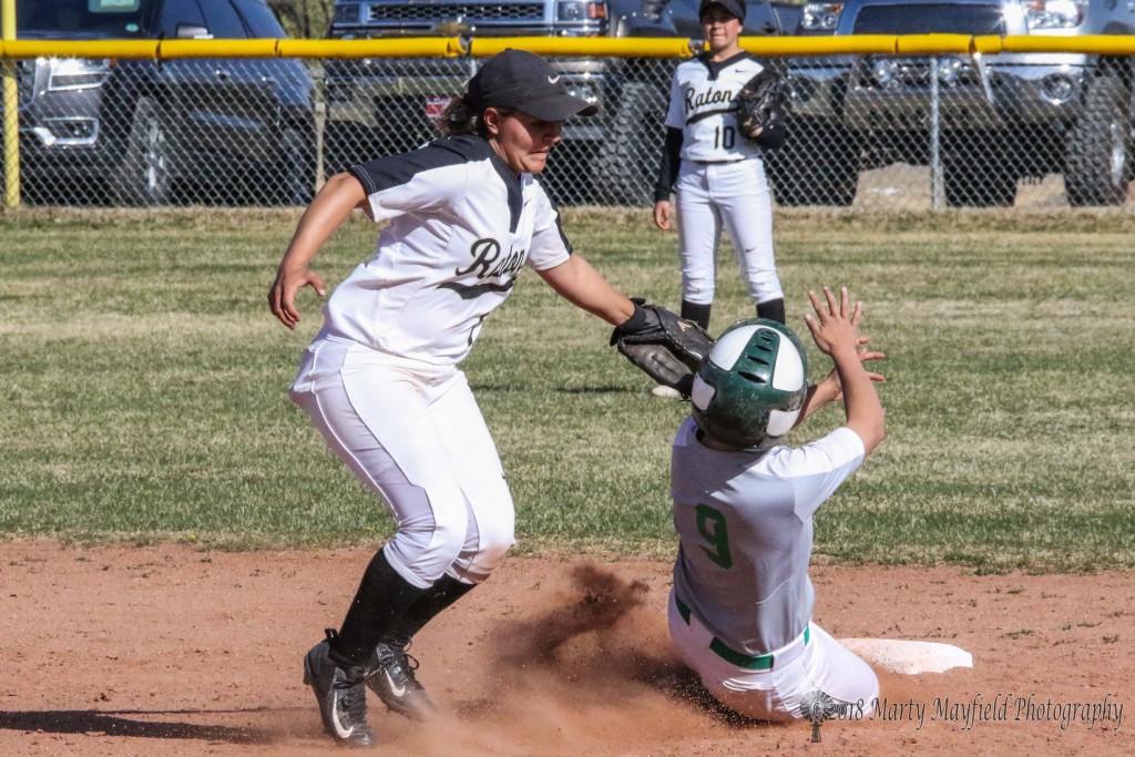 She's out on her way to second as the throw from Camryn Stoecker makes it into the glove of Andie Ortega in time and right on the spot for the easy tag out Tuesday afternoon at Jim Wade Field.