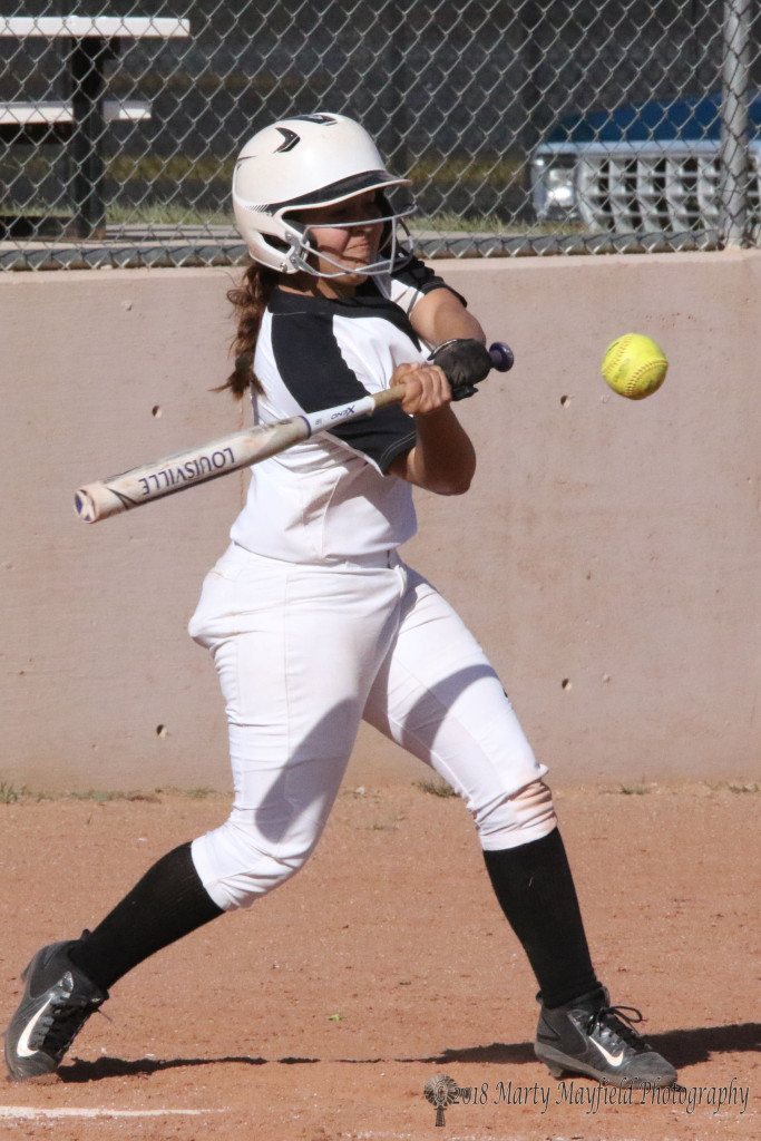 Andie Ortega lines this one up and out putting it into center field and driving another Raton run against Mora Tuesday afternoon at Jim Wade Field.