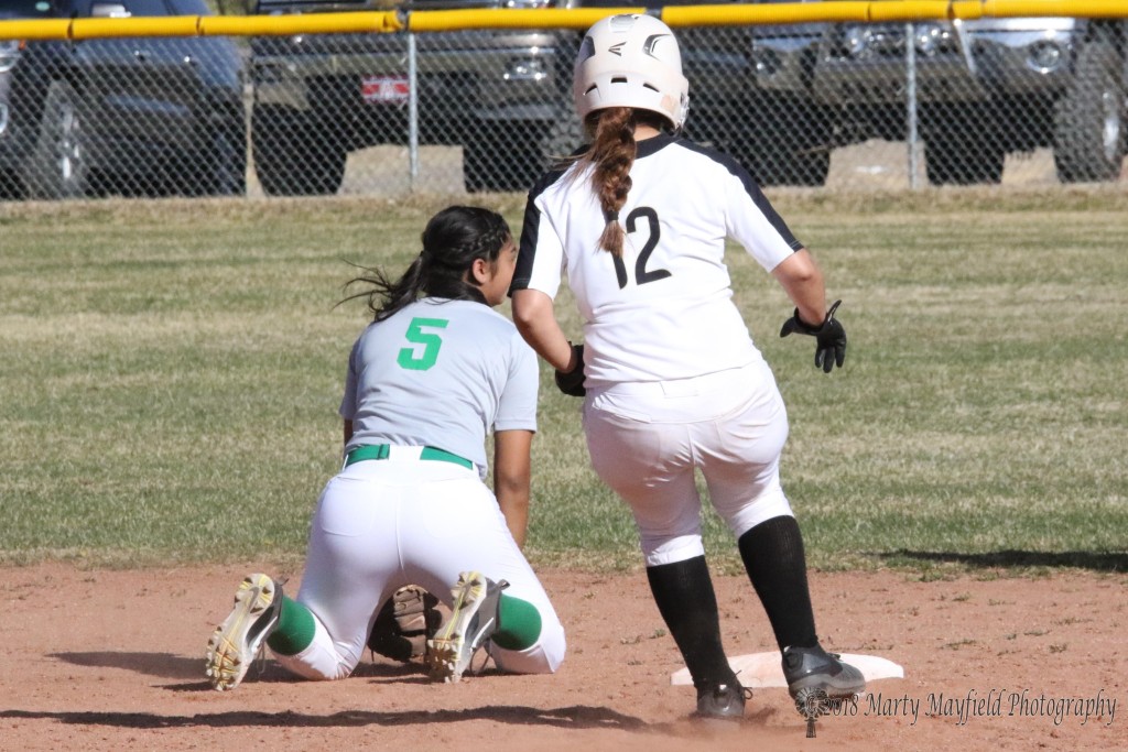 Andie Ortega steals second as did several of the ladies in their 19-0 romp over Mora Tuesday afternoon. 