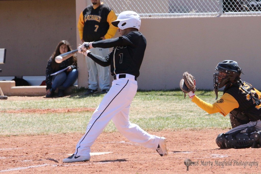 Senior Dustin Segura makes contact and sends this one on the ground for a base hit Saturday afternoon.