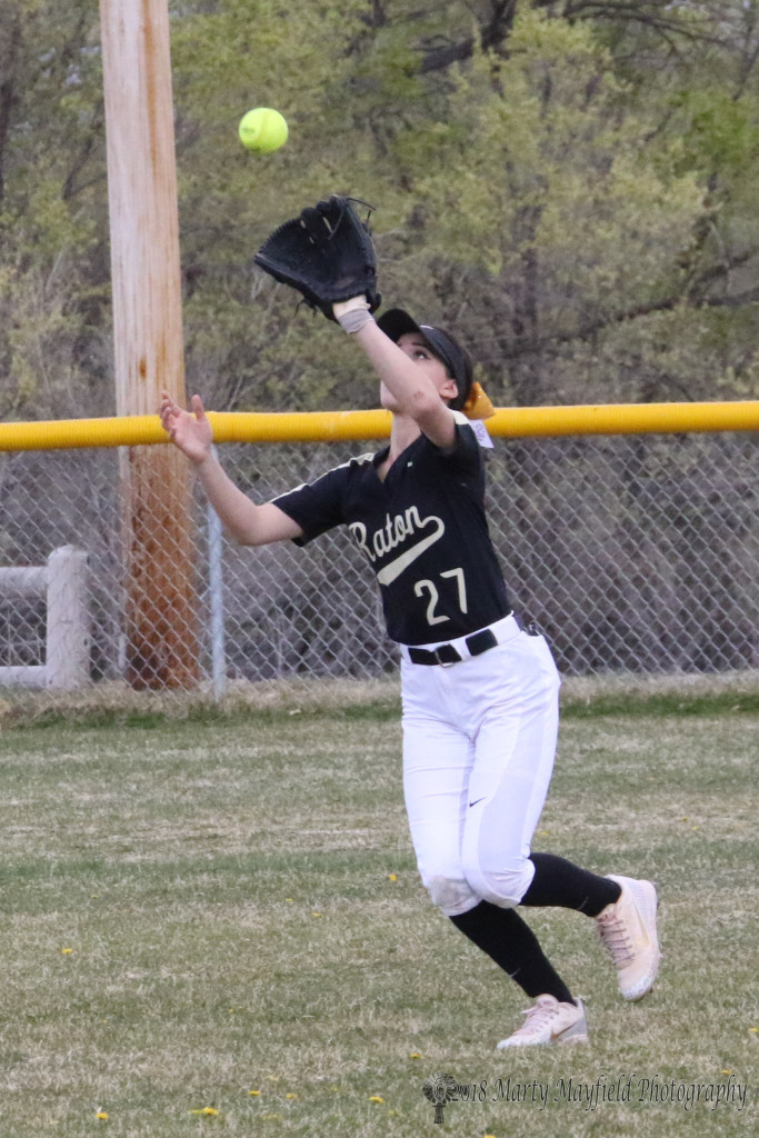 Camryn Mileta makes the catch on a fly ball for another Taos out as Raton goes on to win game one of the double header Tuesday afternoon against Taos.