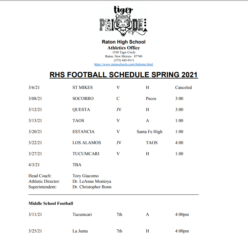 RHS FOOTBALL SCHEDULE SPRING 2021 KRTN Enchanted Air Radio