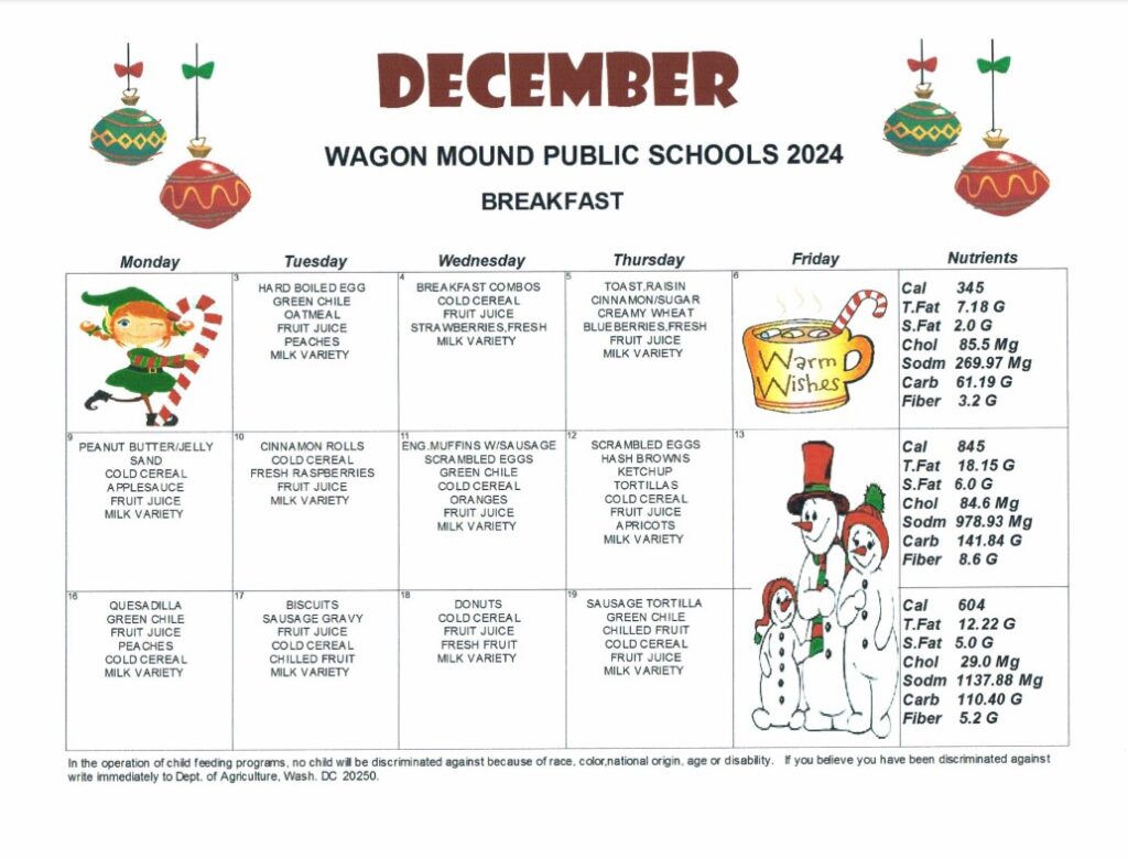 Wagon Mound Public Schools December 2024 Breakfast and Lunch Menus ...