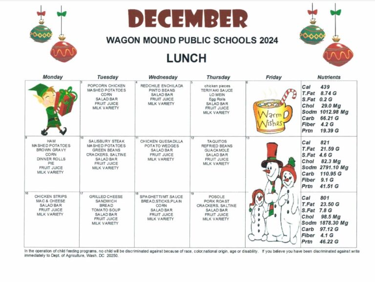 Wagon Mound Public Schools December 2024 Breakfast and Lunch Menus ...